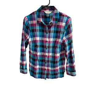 Allison Daley Plaid Button Front Shirt Pink Blue Sz 8 Petite Preppy Academia